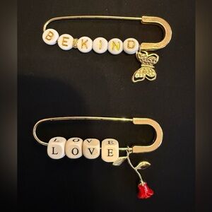 Large Gold Safety Pin Brooch Set with Beads